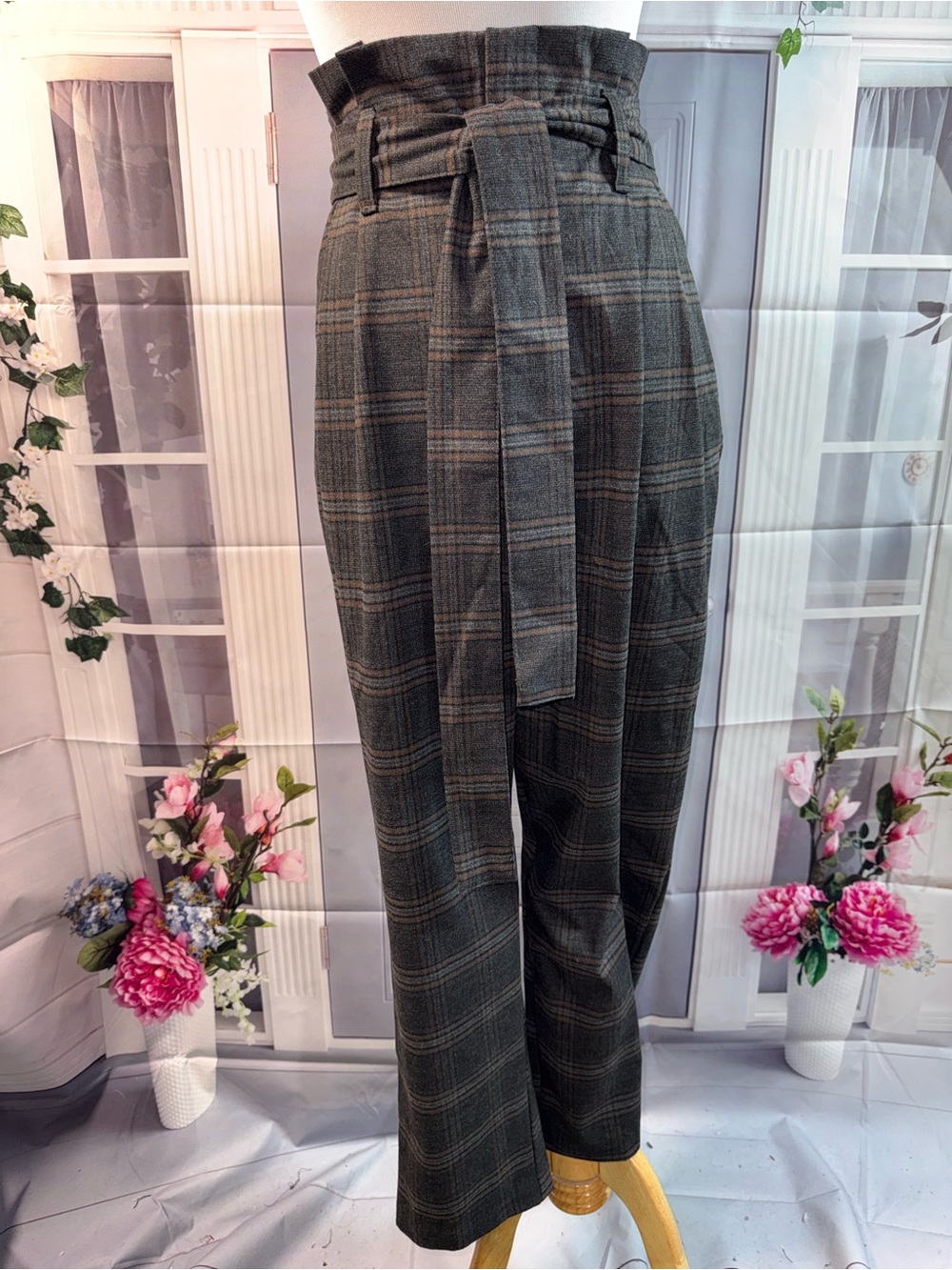 1092-a new day women's Plaid Paperbag Chinos in Charcoal and Brown